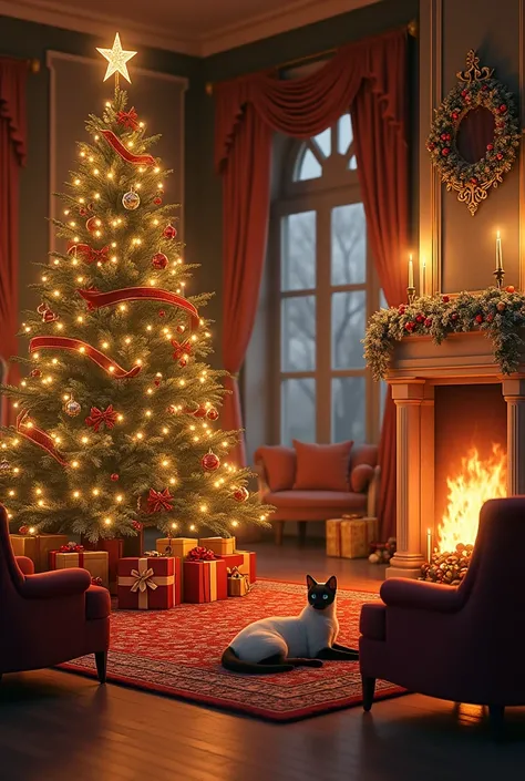 Large living room with fireplace next to a large Christmas tree decorated with gifts, carpet with two Siamese cats, cushions and armchairs. 