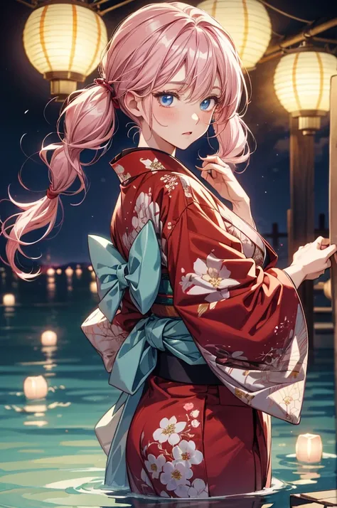 Beautiful anime girl, wearing a red and white floral kimono with pink hair in pigtails, looking at the camera, with blue eyes, a full-body portrait, water lanterns in the background, in a watercolor art style, with pastel colors, glossy skin, shiny eyes, v...