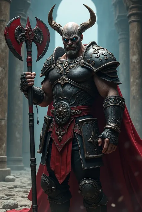 Create final fantasy style a very strong bald barbarian man with blue eyes wearing a skull helmet with horns wearing a black metallic hauberk with red details holding a giant red axe with runny black details in a warrior temple 