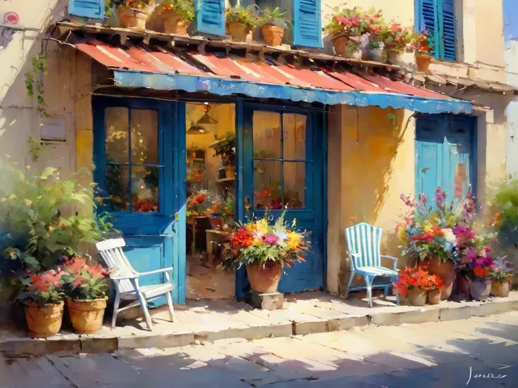 Oil painting in Pino Daeni style, Flower shop,Coffee spots,gauges,a chair,No one,janelas,Flowers,a plant,Plants in pots,aquarelle (mediating),Landscapes,doors,air conditioner,picure (mediating),Traditional media,casa,Outdoors,terrazzo,architecture,Masterpi...