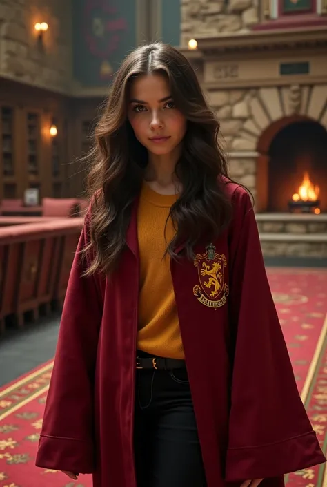 elena gilbert from vampire diaries at hogwarts wearing a griffindor robe, 16yr old