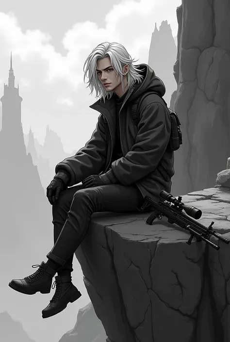 Black and white , 2d anime style, handsome man, long wavy white hair, sitting on the edge of the cliff, wearing tech wear cozy outfit, holding a phone, with anti tank sniper rifle on his side