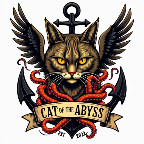 Create a vintage tattoo-style design featuring a fierce cat instead of a person, with no background at all and no border or frame. The cat and its surrounding elements (anchor, octopus tentacles, wings) should be highlighted with intricate linework, shadin...