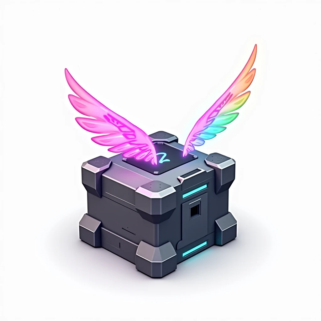 game icon design, game asset design, isolated with white background，isometric view, mix cartton and cyber punk style,unreal engine 3d rendering， rainbow color Gradient , a A holographic projection of the mechanical wings is projected above the mechanical b...