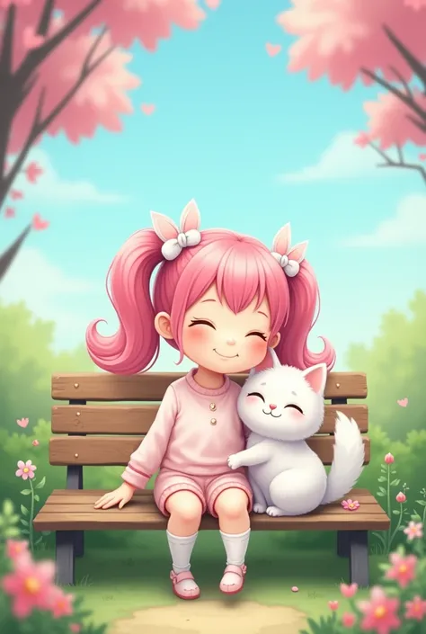 kawaii pink girl with white kitty sitting on bench