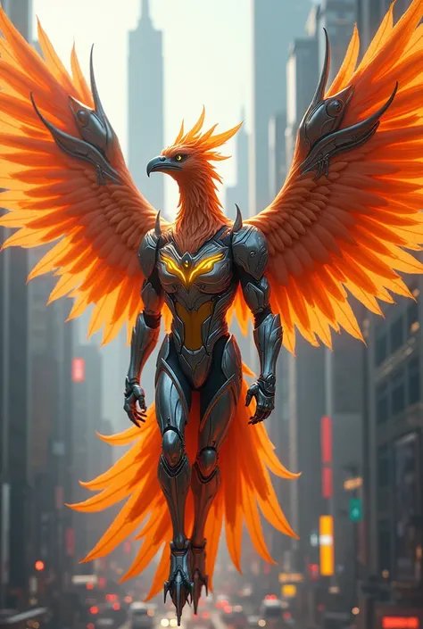 Create an image of a futuristic phoenix modified with armor and weapons 