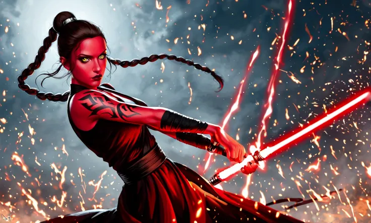 (star wars) on a stormy world two sith spar using light sabers (cute, red skin, yellow eyes, sexy fighting outfit. red light saber, sparks, evil tattoos), high action, tornados in the background
