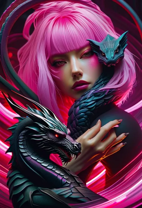 Cyberpunk l close up pink haired female with a black dragon next to her, portrait, clear sharp focus, featuring a dark and eerie atmosphere hyper realistic, 8K professional photography art, photorealistic masterpiece: by aaron horkey and jeremy mann: intri...