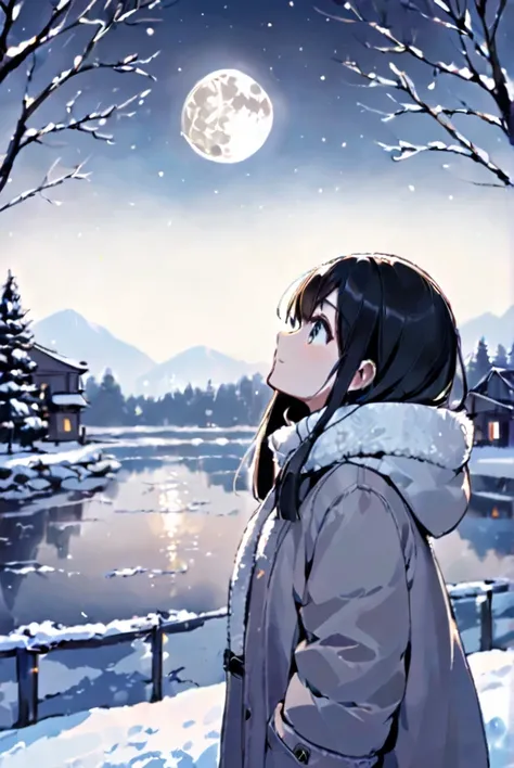 A girl in warm clothes looking at the winter moon