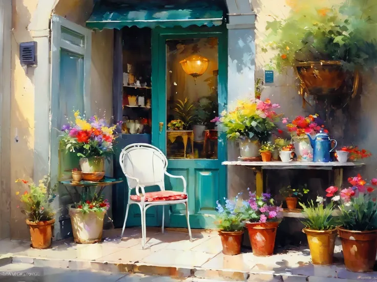 Oil painting in Pino Daeni style, Flower shop,Coffee spots,gauges,a chair,No one,janelas,Flowers,a plant,Plants in pots,aquarelle (mediating),Landscapes,doors,air conditioner,picure (mediating),Traditional media,casa,Outdoors,terrazzo,architecture,Masterpi...