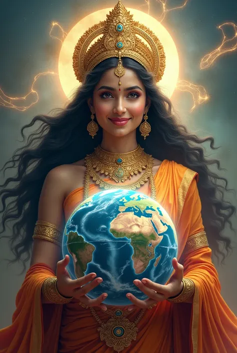 Hindu goddess mariamman holding the planet earth on her hands smiling 