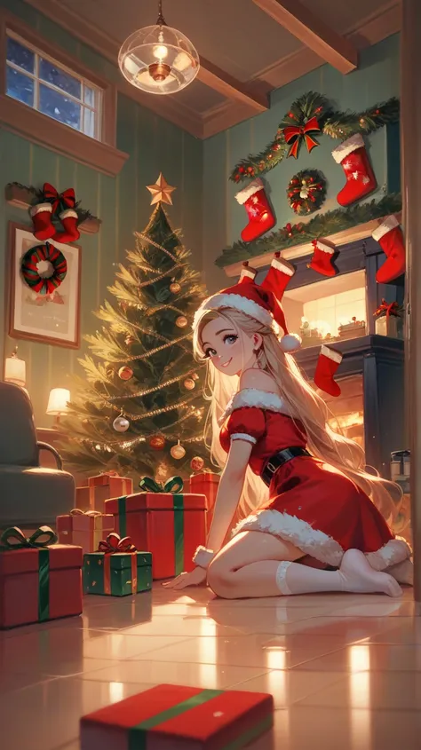 Wide Angle，Lively and cute， a beautiful girl in a Christmas dress，pretty girl，Hand over gifts ，The background is a warm Christmas room ，night，Floor-to-ceiling windows，Christmas tree，Christmas mood lighting 