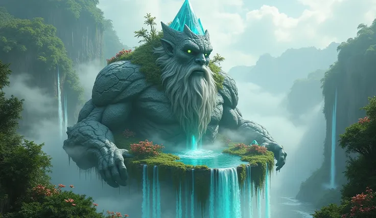 Floating Island Guardian on sea An ethereal spirit intertwined with a floating tropical island, embodying natures essence in perfect harmony with land, water, and air. in air Floating in air.face hair and beard are in stones similar colors, Face & Hea full...