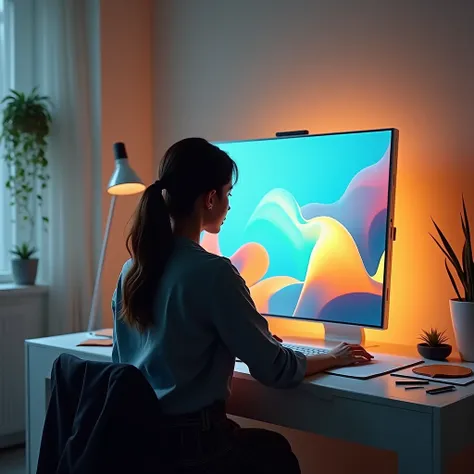 "A faceless woman sitting at a modern desk in a cozy, minimalist studio. The scene features a sleek laptop displaying AI art creation software, with vibrant, photorealistic artwork glowing on the screen. The room is softly lit, with white, blue, orange, an...