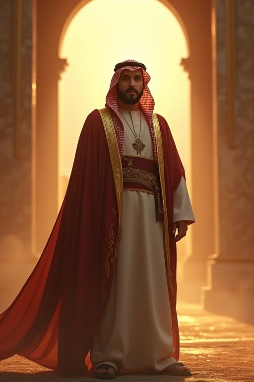 "A proud and victorious stance of a amir bin fuhairah in traditional Arabian attire, with a glowing background; detailed, cinematic."