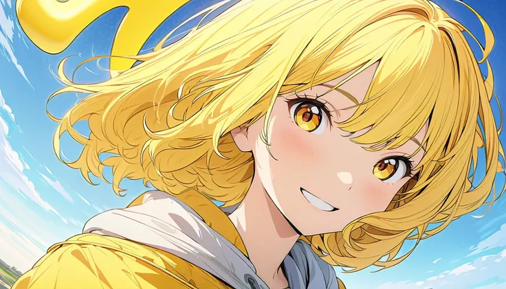 (masterpiece, Highest quality, Official Art:1.2), 
look at the sky, One Girl, alone,
(yellow hair, bob cut) and (yellow eyes), 
wearing a hoodie, smiling, happy, 
Blue Sky Background, 
Ultra-fine illustrations, highly detailed, Dynamic Angle, beautiful det...