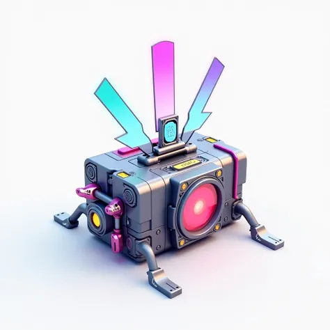 game icon design, game asset design, isolated with white background，isometric view, mix cartton and cyber punk style,unreal engine 3d rendering， rainbow color Gradient , a A holographic  mechanical wings is projected above the mechanical film box，si fi fut...