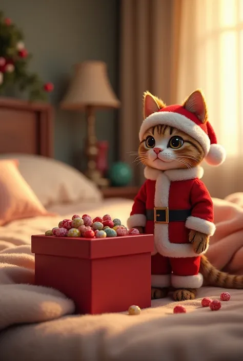 In the s bedroom、 has a red Santa shoe candy box with lots of candy at the bedside、An anthropomorphic cat dressed as Santa 
