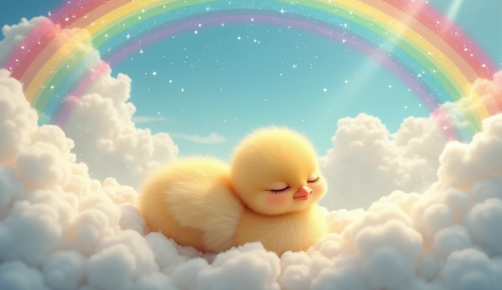 The chick sleeping peacefully with a gentle smile, dreaming of flying through a bright sky filled with fluffy white clouds and rainbows.