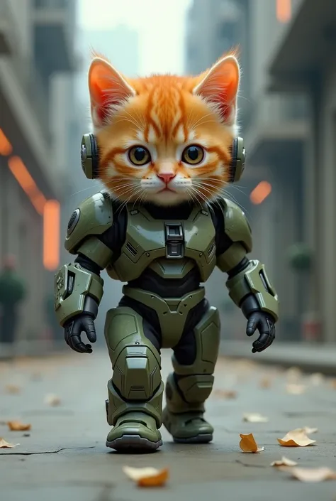 Halo Spartan Style:
Main Subject: A tiny orange chibi baby cat wearing miniature powered military armor, tactical green-gray combat suit, tiny helmet with reflective visor, compact energy shield
Scene: Advanced military sci-fi aesthetic
Motion: Walks confi...