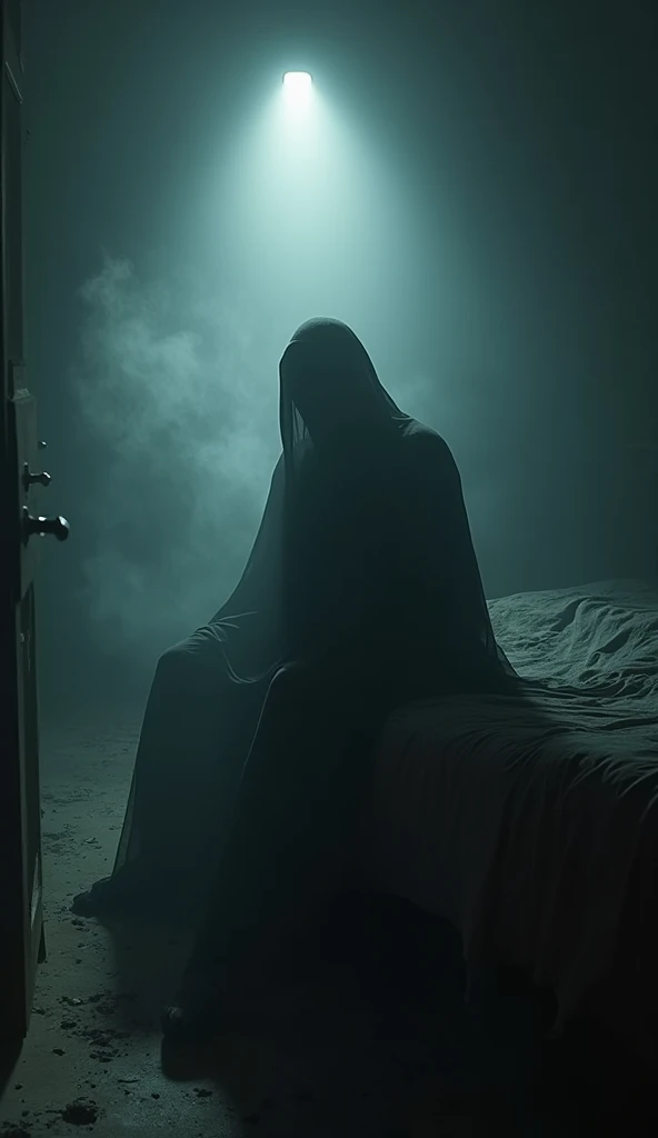 Here is a detailed prompt for creating a hyper-realistic cinematic image:

"Create a hyper-realistic, cinematic image of a shadowy ghostly figure sitting on a bed, its form barely visible in the dim, eerie light. The figure is hunched, with a hollow, spect...