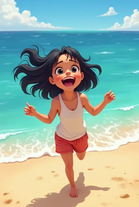 Animated girl, that has black hair,  black eyes, And that he is screaming with happiness on the beach