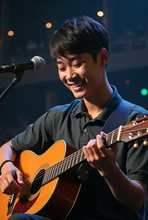 (photorealism:1.2), a young Indonesian man is conser beain guitar on a pangung conser looks his face smiling slightly