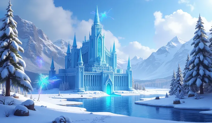 A detailed pixel art scene of the Ice Kingdom, (best quality,4k,8k,highres,masterpiece:1.2),ultra-detailed,(realistic,photorealistic,photo-realistic:1.37),intricate,highly detailed crystal ice castle, snow-covered mountains, frozen lakes, icy trees, glowin...