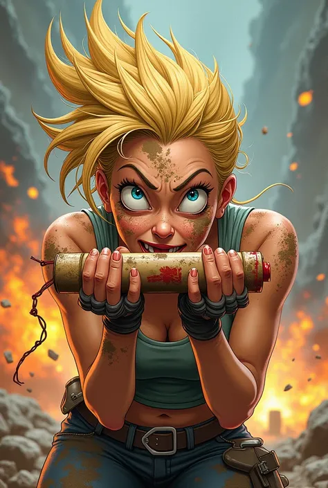 Blonde woman in cartoon with very dirty mud face with a dinamyte in her mouth and hands woman exploding disheveled hair very energetic the exploding background