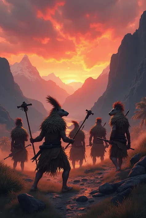  " A group of Chankas warriors in a mountainous Andean landscape at dusk . They wear puma skins on their shoulders and heads, which symbolize their strength and connection with nature.. They carry weapons such as macanas and spears .  Their expressions ref...