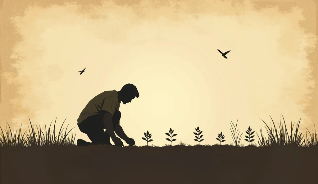 A silhouetted man is crouched low to the ground, planting young plants in a row. He is positioned in the left third of the image, facing slightly to his left, tending to the plants. The composition is a horizontal format, focused on the agricultural scene....