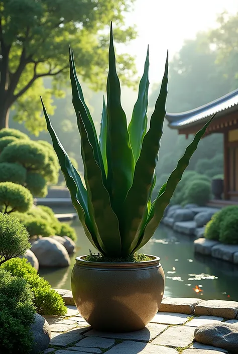 Agave athena growing in a pot on a sunny day in the spacious garden of a scenic Japanese villa