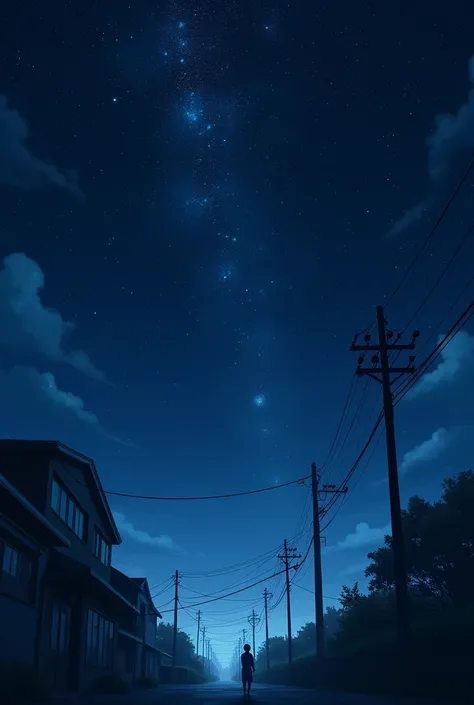 Picture that looks like looking up at the clear starry sky slightly above 。 I can see dark silhouettes of nearby buildings and telephone poles。