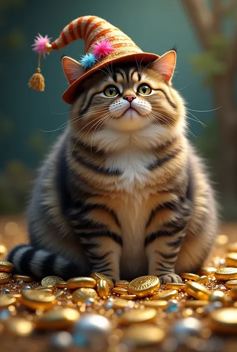 A chubby cat with a hat，Sitting on a gold and silver treasure 