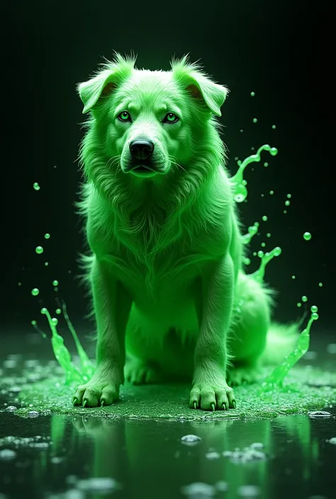 Design a surreal and hyperrealistic digital artwork featuring a powerful dog coated entirely in a translucent green liquid. The dog has an intense and focused expression, with intricate liquid textures flowing seamlessly over its body, resembling molten gl...