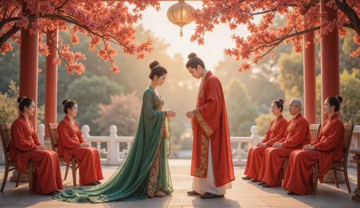 Tang Dynasty, The girl is wearing green , the boy wears a red Hanfu , Golden autumn October , and bear fruit ,Pomegranate tree, and the two go into the wedding hall 。 (( man and woman face to face,Man and woman bend over each other ...