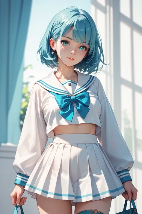 A charming anime girl with short aqua-blue hair, wearing a sailor-style dress, front view