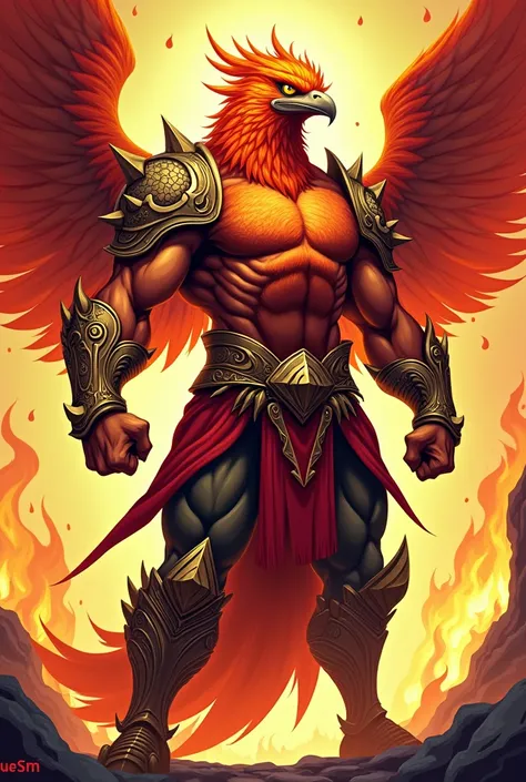 Make a muscular cartoon of a male phoenix in armor 