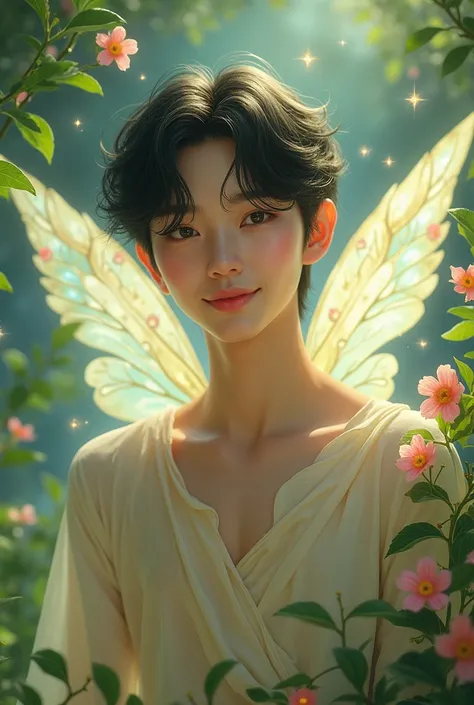 Generate an image of a fairy man like those in Tinkerbell with the face of KIM SUNOO from the kpop group ENHYPEN