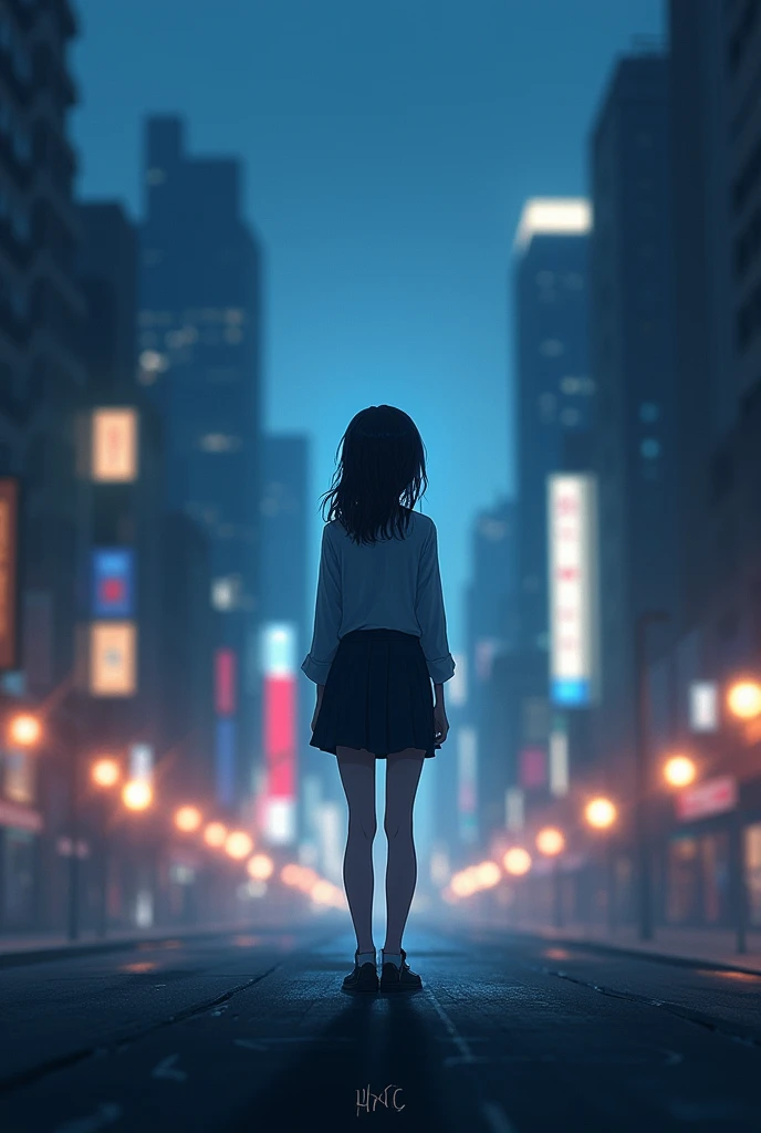 anime faceless girl landscape  (drawing) the city lights blur shes in the middle of the night landscape  