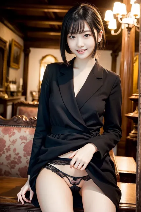 Pure young Japanese girl, wearing dark color classical suits and skirts, lace panty, high heels, vivid makeup, natural black hair styles, sitting in antique gothic style rooms, spread wide legs, sweet smile, secret temptations, professional portrait photog...