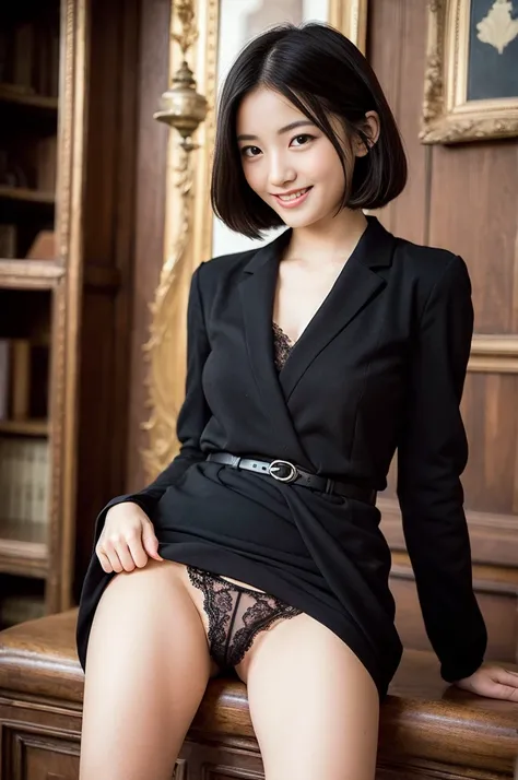 Pure young Japanese girl, wearing dark color classical suits and skirts, lace panty, high heels, vivid makeup, natural black hair styles, sitting in antique gothic style rooms, spread wide legs, sweet smile, secret temptations, professional portrait photog...