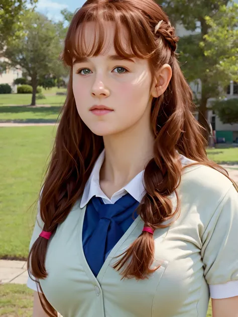 (best quality,4k,8k,highres,masterpiece:1.2),ultra-detailed,(realistic,photorealistic,photo-realistic:1.37), ((a school girl wearing PE uniform, solo, shy)), ((very large bust size for her young age)), ((sagging breasts)), braided red hair, pale skin