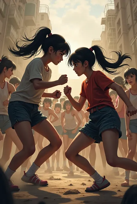 tall young girl fighting small young girl in a crowd of girls