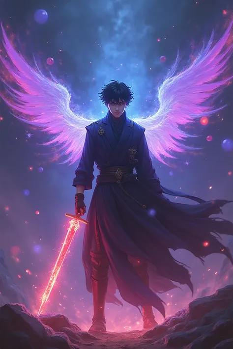 Gojo satoru with a blade glowing purple and blue and red orbs hovering above him with wings 