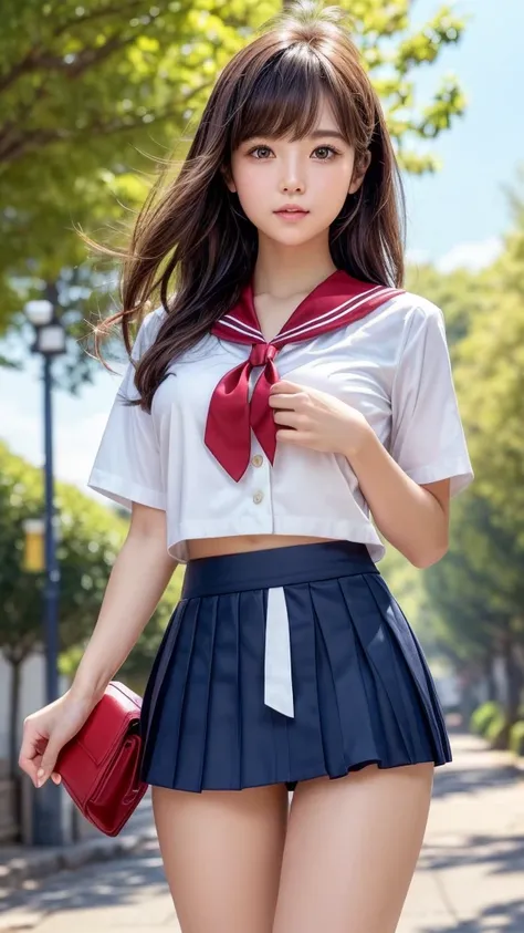  Masterpiece , best quality, very detailed, Kampala ,( realistic ,photo  realistic :1.37),(cowboy shooting:1.2),(Thighs:1.4),  excellent anatomy, beautiful Japanese woman ,  serious high school girl ,  but the skirt is very short ,(middle),(well-proportion...