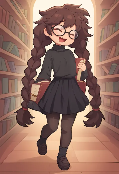 Small girl, young, full body, (solo 0.6), dark brown hair, braids, twintails, messy braids, puffy hair, messy hair, very long hair, skinny body, skinny legs, skinny thighs, slender body, thin waist, flat chest, indoors, (solid black sweater 0.9), black swe...