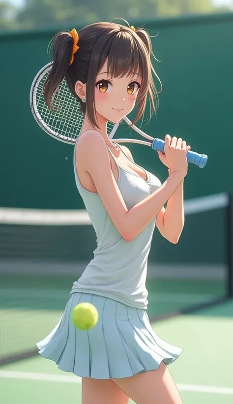  Japanese, Woman with tennis racket(1.4)
Facing the camera(1.2)
 see-through camisole (1.6)
 and a slightly larger bust (1.2)
 Staring at the Camera (1.0) 
Enjoying tennis(1.3)
 Mini Skirt(1.3)
 and the background is a tennis court 、 amazing in online phot...