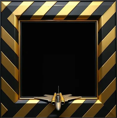 Create a square frame , EN METAL, yellow and black colors,  mark at the bottom it creates a modern combat aircraft, Detailed,  hyper realistic , color oro,  the plane doesnt leave the ,  in the upper right part create a rectangle of the same material as th...