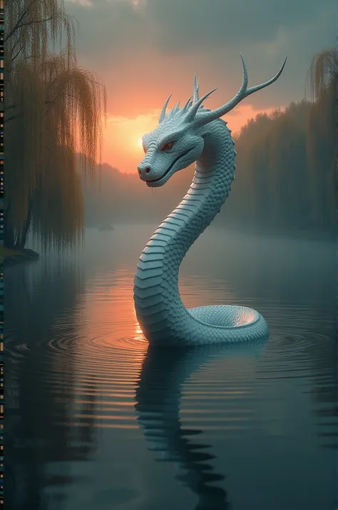  White snake demon on lake with dark sunset view . and wilow trees opposite  ,lakeside 